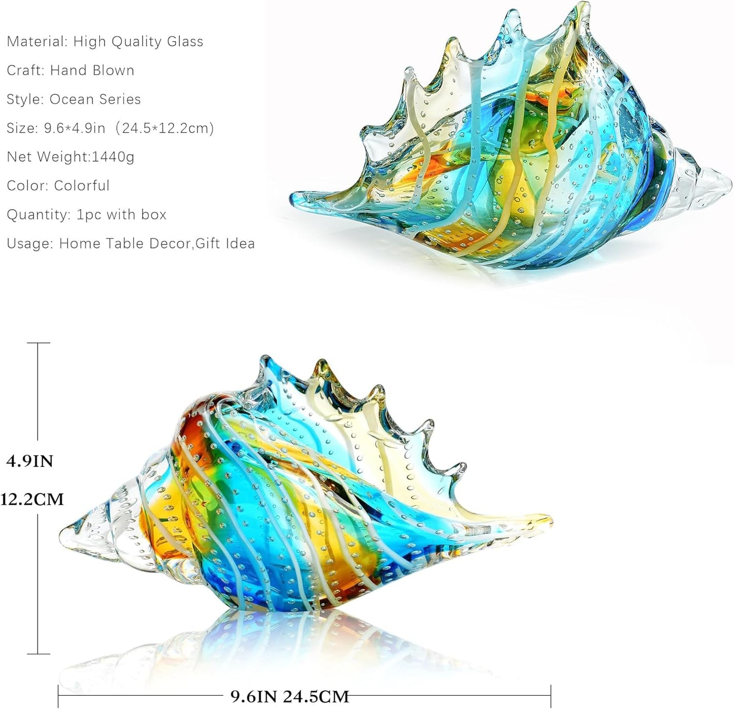 suncatcher Hand Blown Glass Conch Shell Figurines, 9.6" Glass Art Seashell Statue Crystal Sea Shells Sculpture for Ocean Beach Coastal Decor Home Decorations Nautical Centerpiece Valentines Day Gift