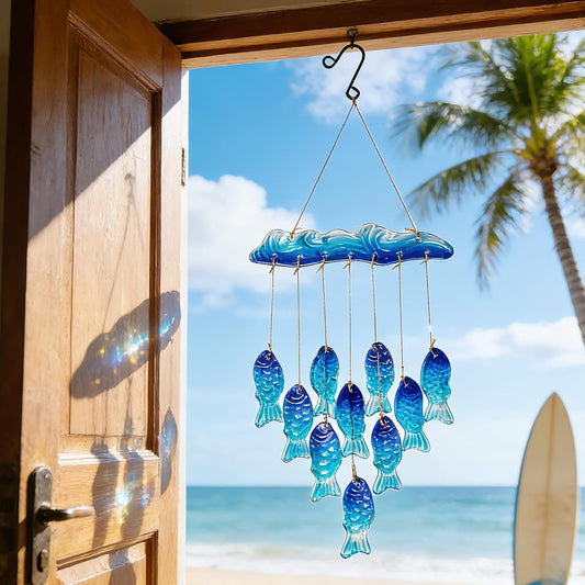 H&D HYALINE & DORA 21 Inch Decorative Mobiles Blue Sea Glass Wind Chimes for Outside Blown Glass Fish Windchime Outdoor Decor for a Harmonic Porch, Patio & Garden