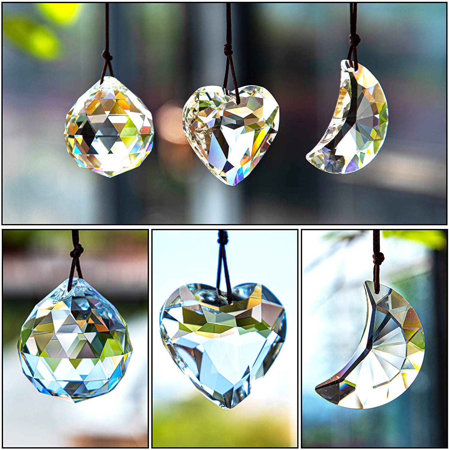3 pcs Hanging Crystal Suncatcher Prism Ball Heart Moon Window Decor Car Charms,Christmas Gift for Her,Kids,Hanging Holiday Decorations