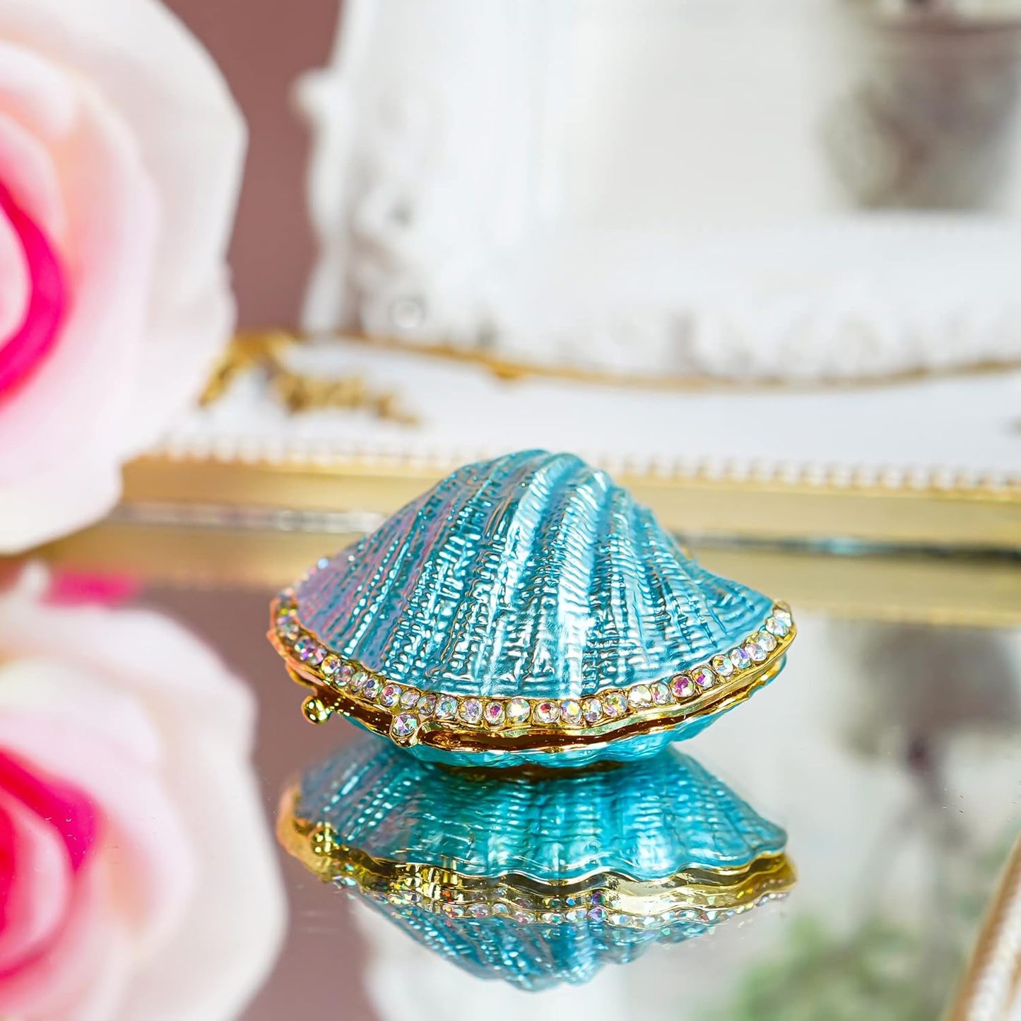 H&D HYALINE & DORA Handmade Enamel Pearl Mussel Trinket Box, Metal Seashell Ring Holder Decor & Christmas Gift