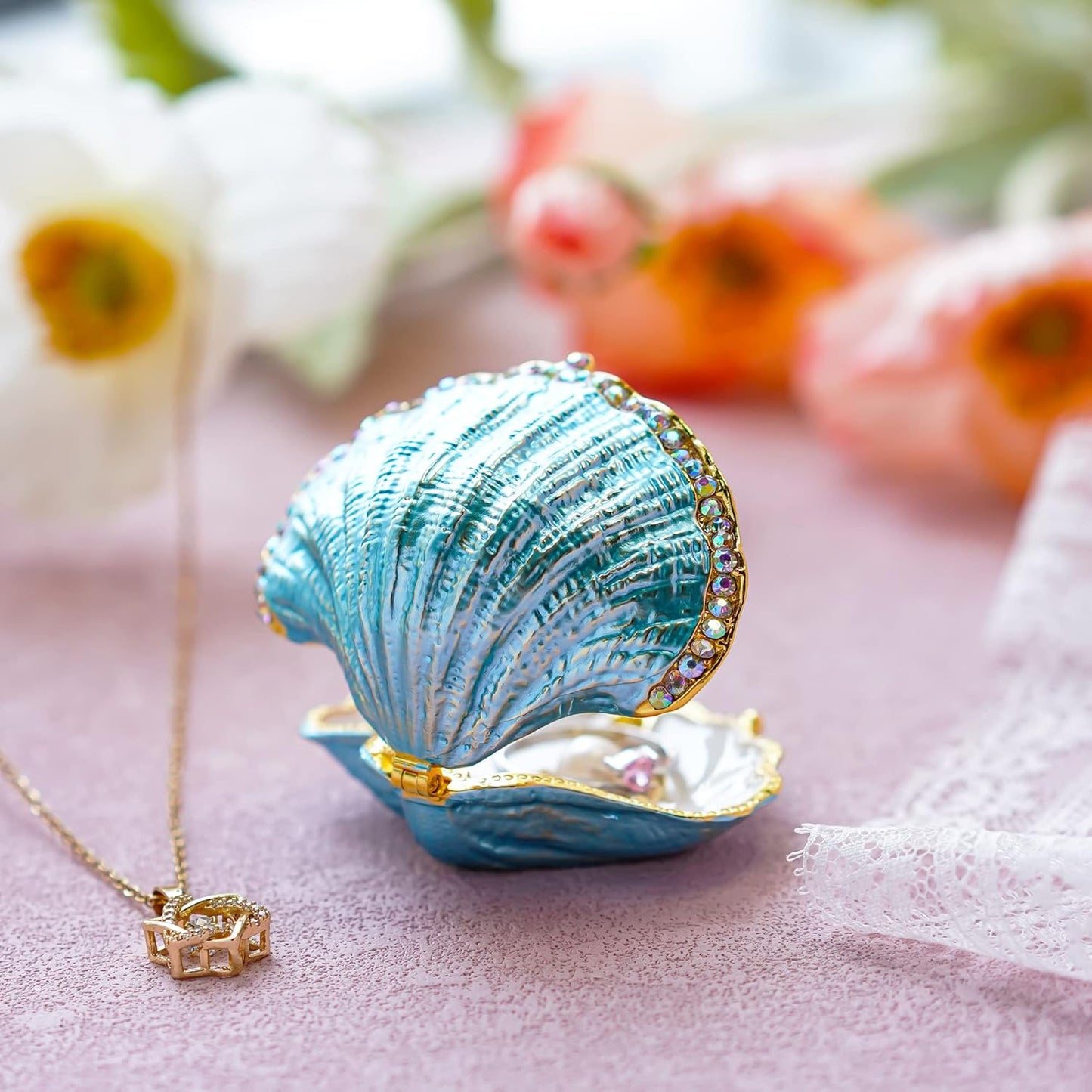 H&D HYALINE & DORA Handmade Enamel Pearl Mussel Trinket Box, Metal Seashell Ring Holder Decor & Christmas Gift