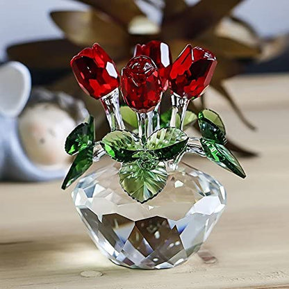 H&D HYALINE & DORA Red Rose Figurine Ornament Spring Bouquet Crystal Glass Flowers Gift-Boxed