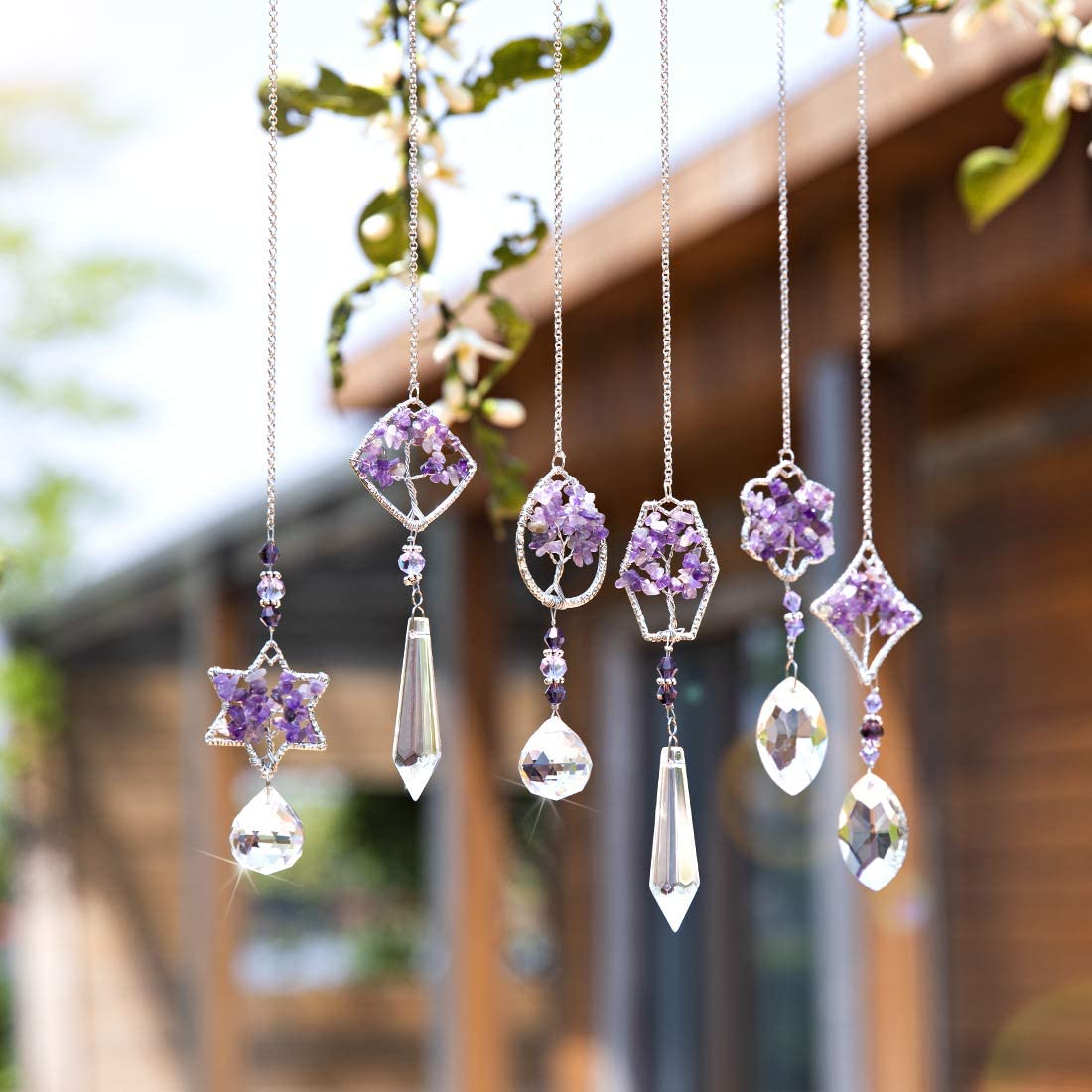 Rainbow Maker Crystal Tree of Life Suncatcher Hanging Chakra Glass Pendant Decor for Home Window Car Garden, 6PCS