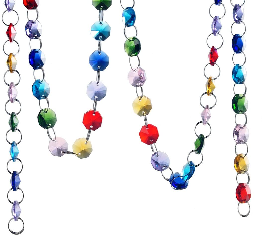 H&D HYALINE & DORA 6FT Glass Crystal Rainbow Color 14mm Octagon Beads Chain Chandelier Prisms Hanging Wedding Garland