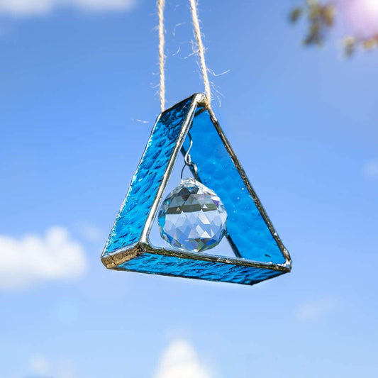 H&D HYALINE & DORA Stained Glass Window Sun Catcher Hangings Pyramid Colored Glass Hanging Ornament for Wall,,Window,Car  Holiday Decorations Christmas Gift,Blue