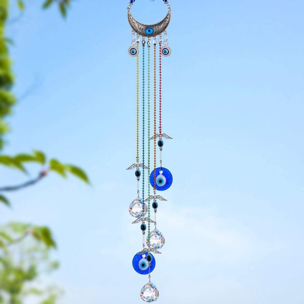 20inch Blue Evil Eye Hanging Crystals Suncatcher Ornament with Chakra Energy Crystal Ball Prism Pendant Rainbow Maker for Home Decor Protection