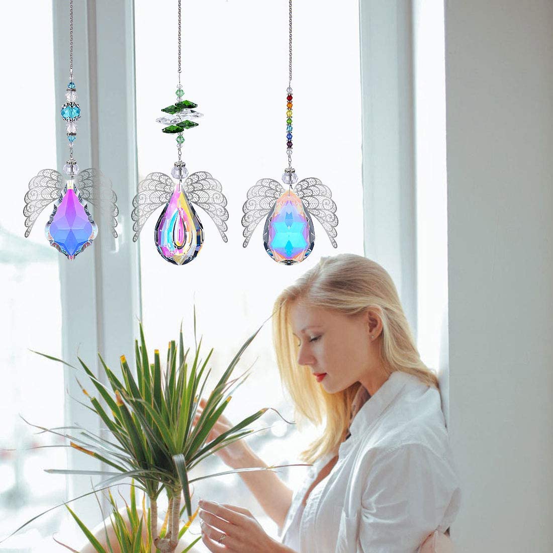 Metal Angel Wing Pendant with Rainbow Crystal Prisms Suncatcher Window Home Christmas Hanging Decor,Set 3pcs