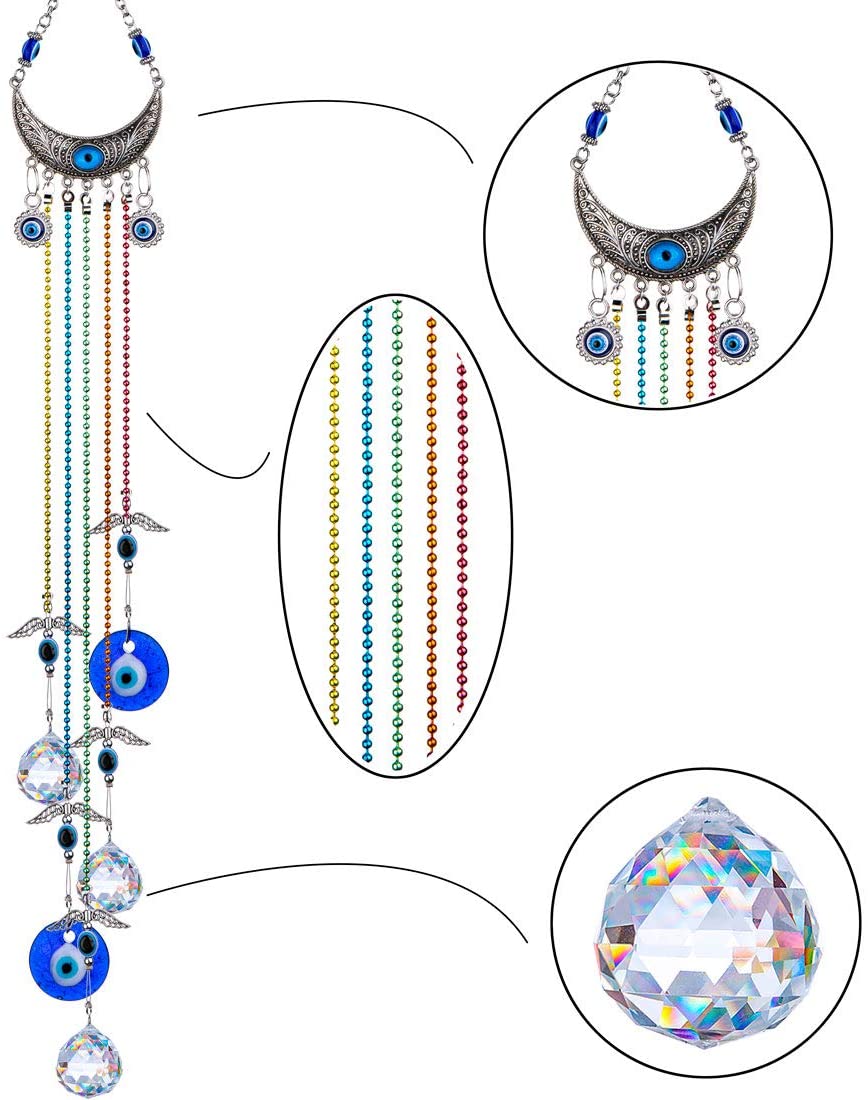 20inch Blue Evil Eye Hanging Crystals Suncatcher Ornament with Chakra Energy Crystal Ball Prism Pendant Rainbow Maker for Home Decor Protection