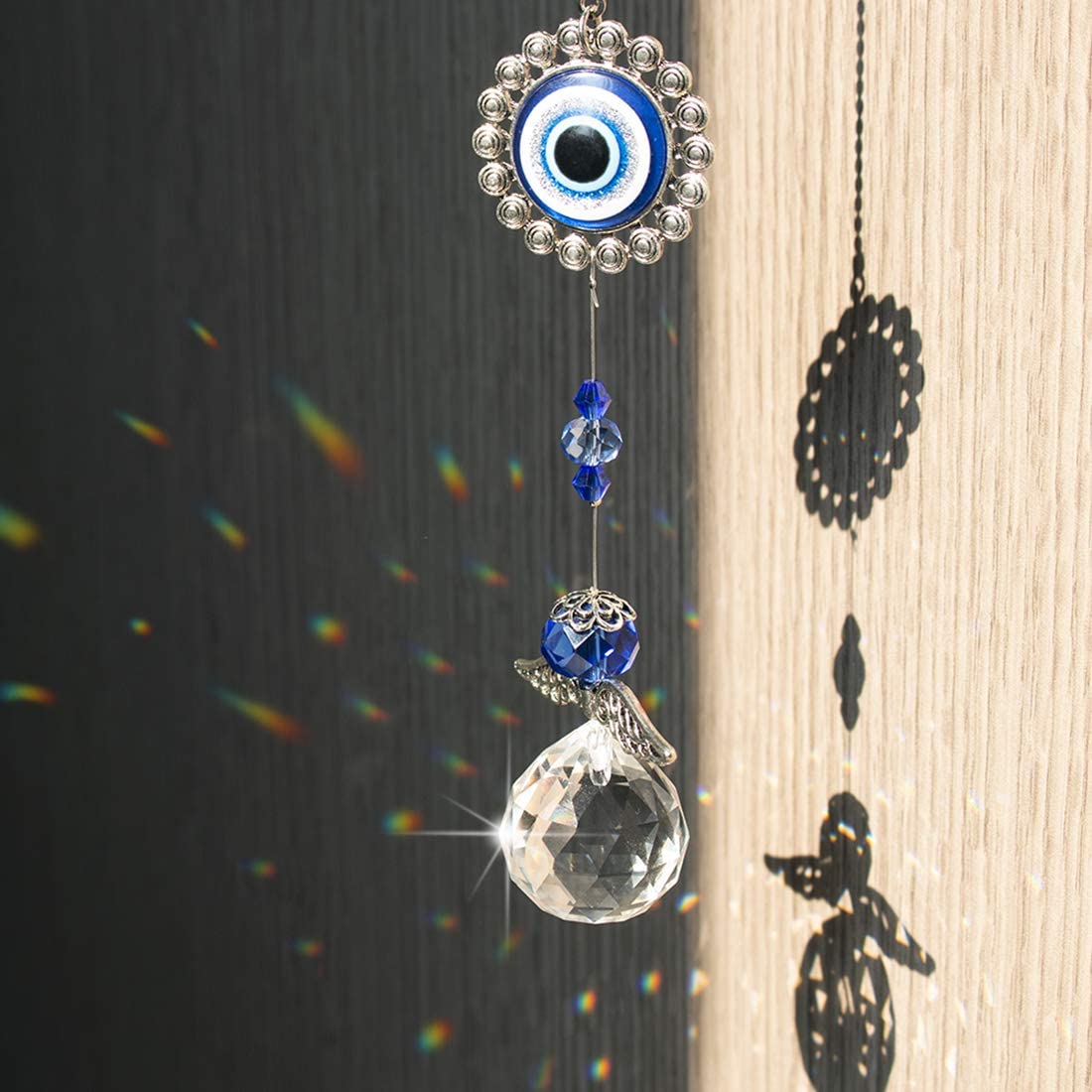 Crystal Angel Suncatcher with Feng Shui Turkish Blue Evil Eye Protection and Good Luck Gift