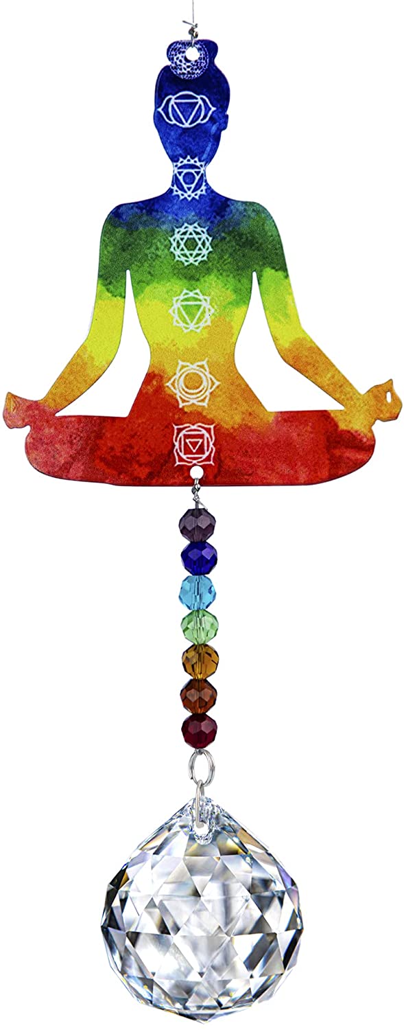 Chakra Healing Crystal Prism Suncatcher with Rainbow Yoga Meditation Figurine Statue Stained  for Window Wall Hanging Decoration