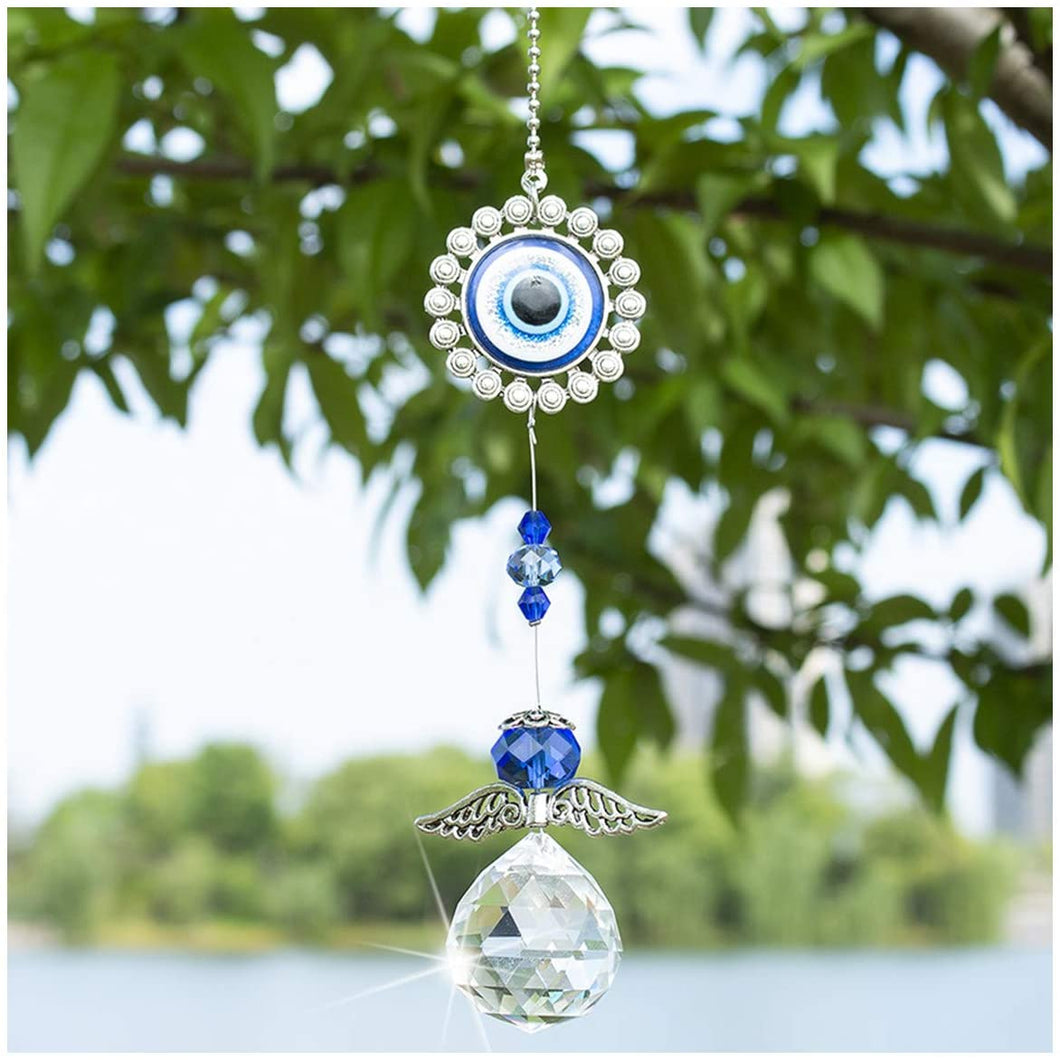 Crystal Angel Suncatcher with Feng Shui Turkish Blue Evil Eye Protection and Good Luck Gift