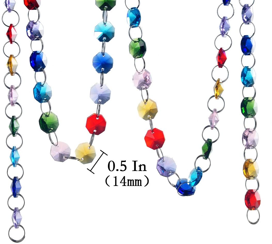 H&D HYALINE & DORA 6FT Glass Crystal Rainbow Color 14mm Octagon Beads Chain Chandelier Prisms Hanging Wedding Garland
