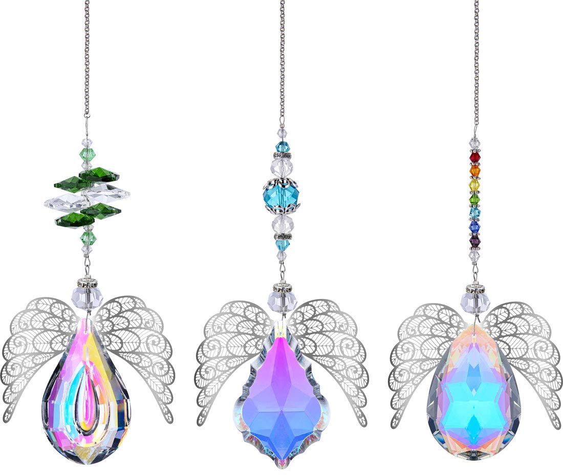 Metal Angel Wing Pendant with Rainbow Crystal Prisms Suncatcher Window Home Christmas Hanging Decor,Set 3pcs