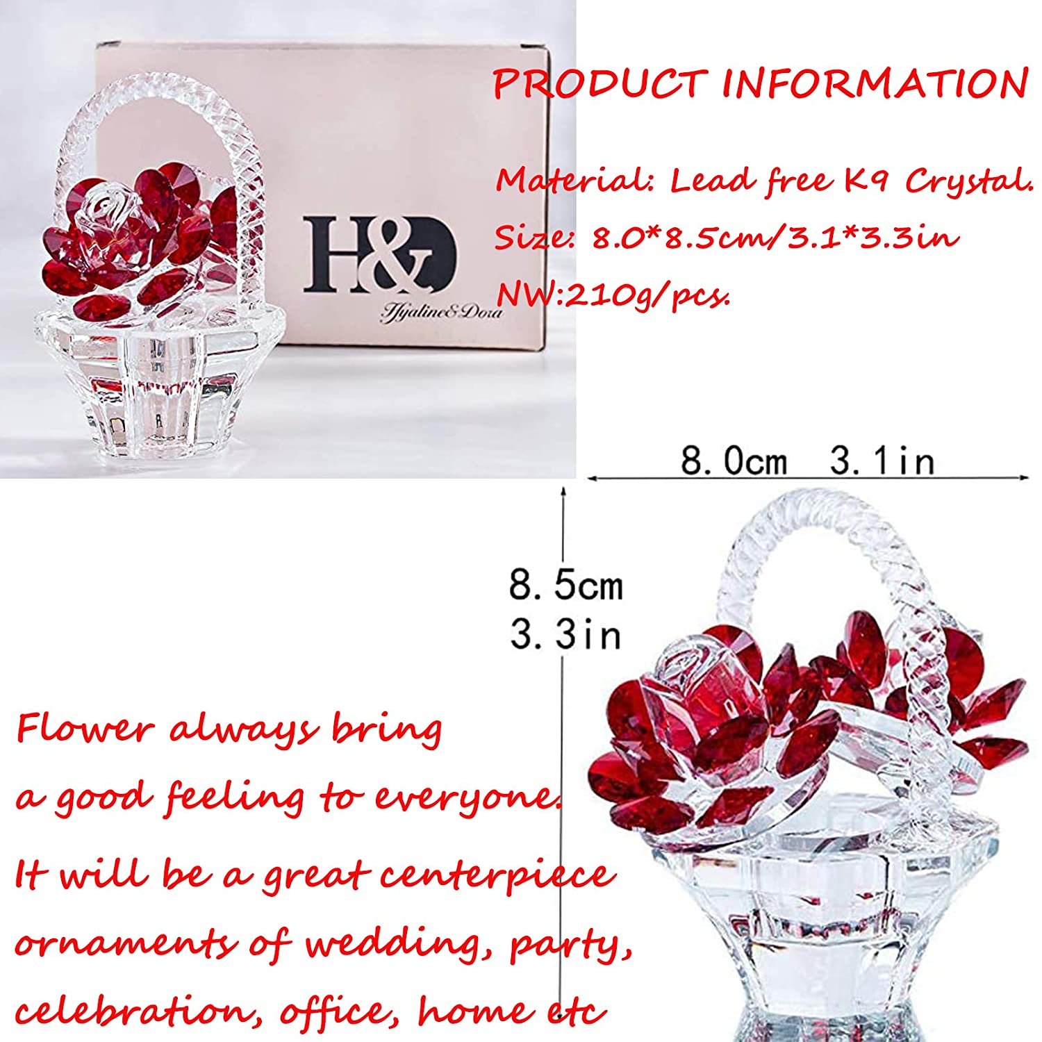 H&D HYALINE & DORA Crystal Figurines Collectibles Red Crystal Rose Flowers  Ornament Gift for Home Decor