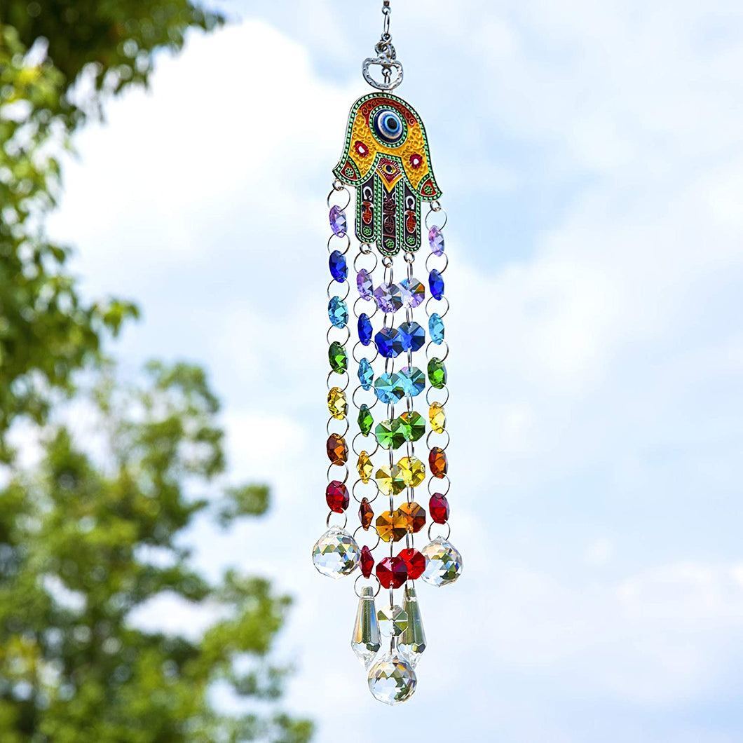 Hamsa Hand Hanging Crystal Suncatcher Ornament with Chakra Energy Beads and Clear Crystal Ball Prisms Rainbow Maker Pendant