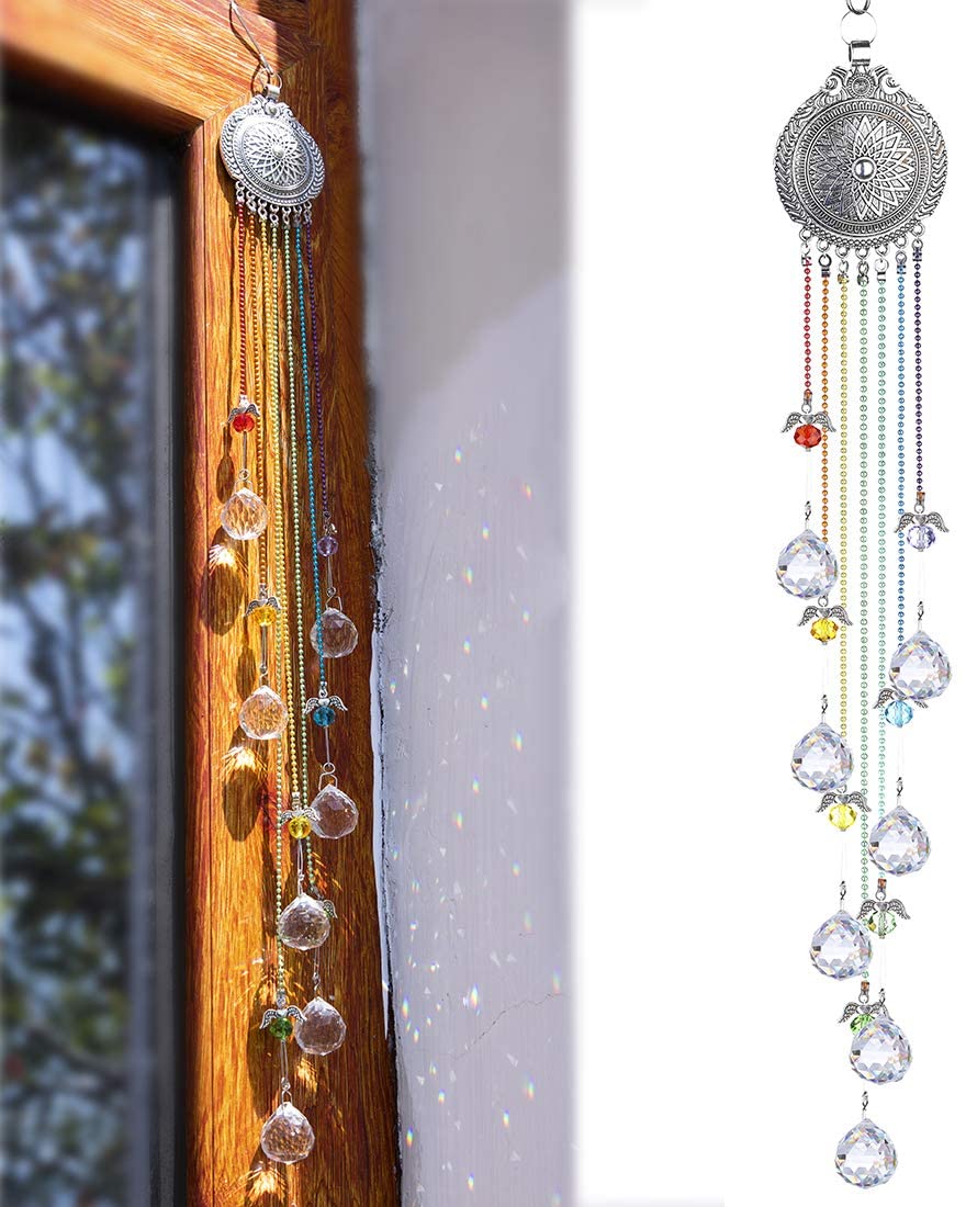Hanging Crystals Suncatcher Ornament Guardian Angel Lotus Decor Rainbow Maker Chakra Beads Prisms Pendant for Window Garden Chandelier Decoration