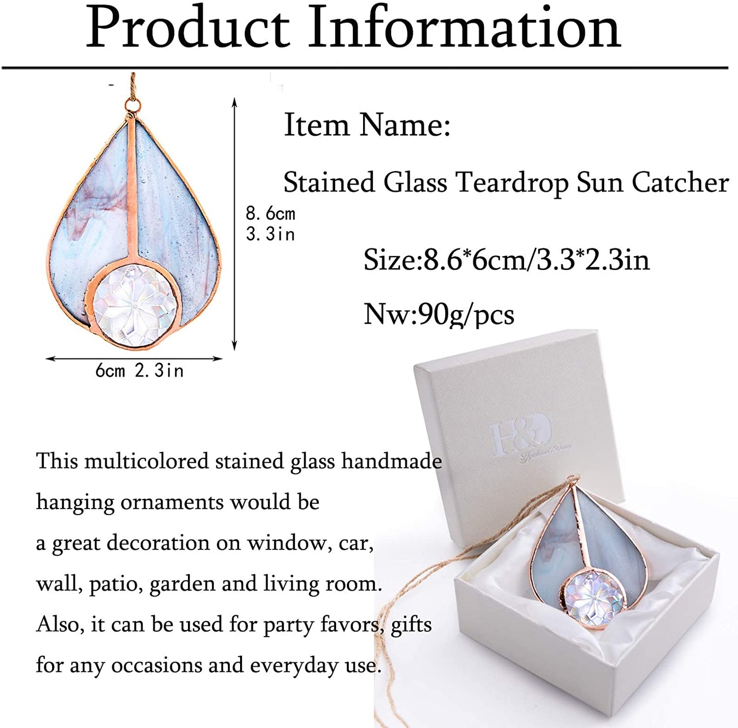 H&D HYALINE & DORA Art Stained Glass Suncatcher Teardrop Ornament, Suncatchers Hang for Window Wedding Party