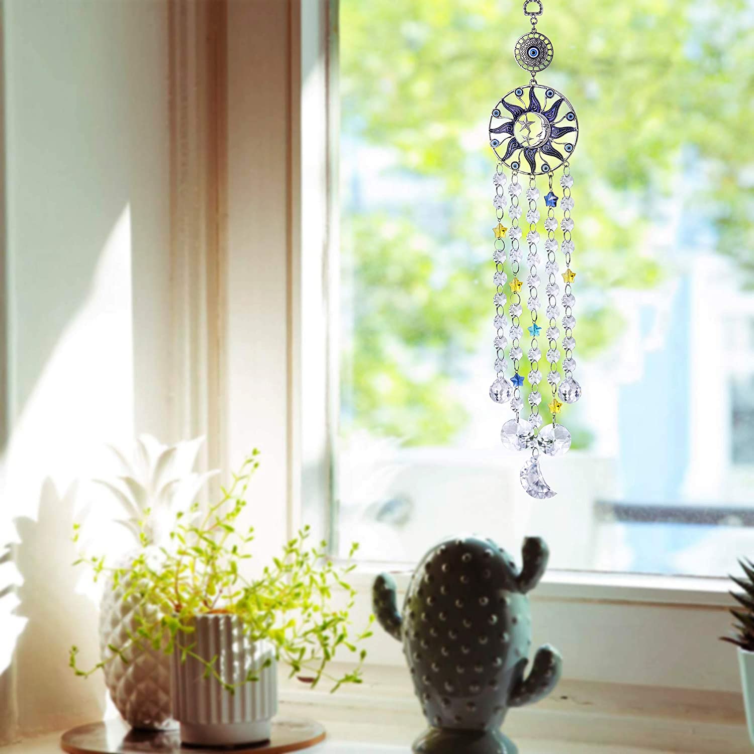 Crystal Chandelier Wind Chime,Glass Rainbow Suncatcher,Blue Evil Eye Wall Hanging Ornament