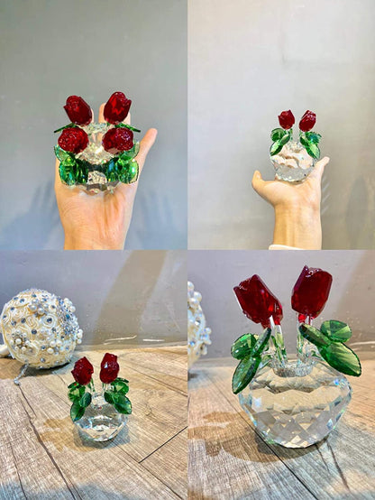 H&D HYALINE & DORA Red Rose Figurine Ornament Spring Bouquet Crystal Glass Flowers Gift-Boxed
