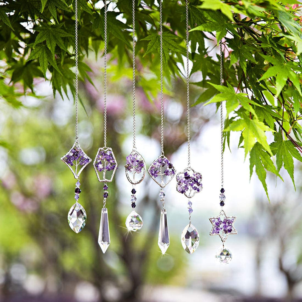 Rainbow Maker Crystal Tree of Life Suncatcher Hanging Chakra Glass Pendant Decor for Home Window Car Garden, 6PCS