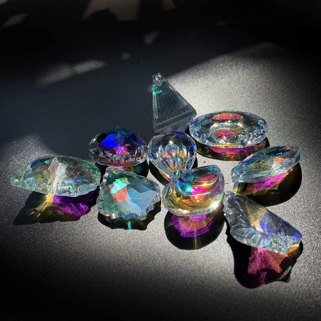 H&D 10pcs AB Coating Crystal Prisms Suncatcher Chandelier Lamp Lighting Drops Pendants Hanging Glass Parts Suncatcher Home Car Decor