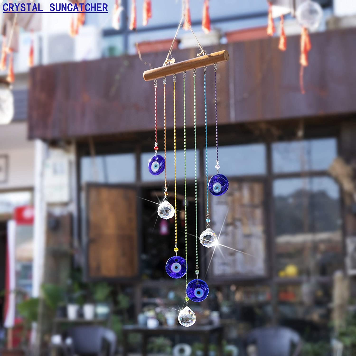Hanging Crystals Suncatcher Ornament Turkish Blue Evil Eye Decor Crystal Ball Prisms Rainbow Maker Pendant for Window Garden