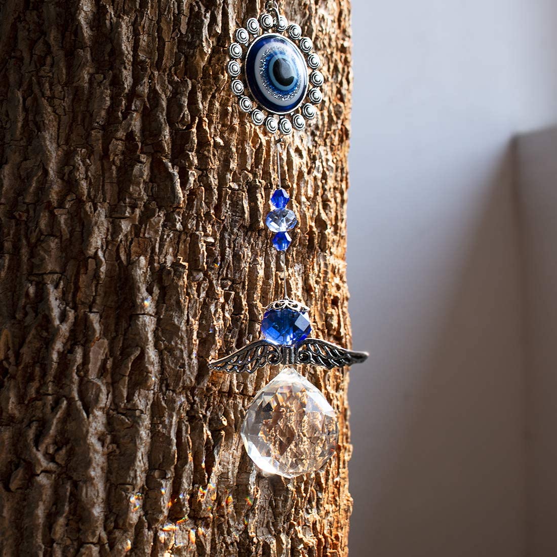 Crystal Angel Suncatcher with Feng Shui Turkish Blue Evil Eye Protection and Good Luck Gift