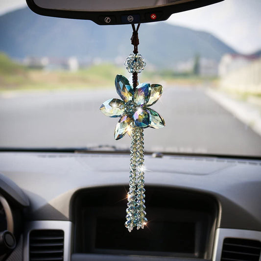 H&D HYALINE &DORA Crystal Color Flower Interior Accessories Car Charms Pendants for Auto Rear View Mirror Hanging Decoration with Tassel
