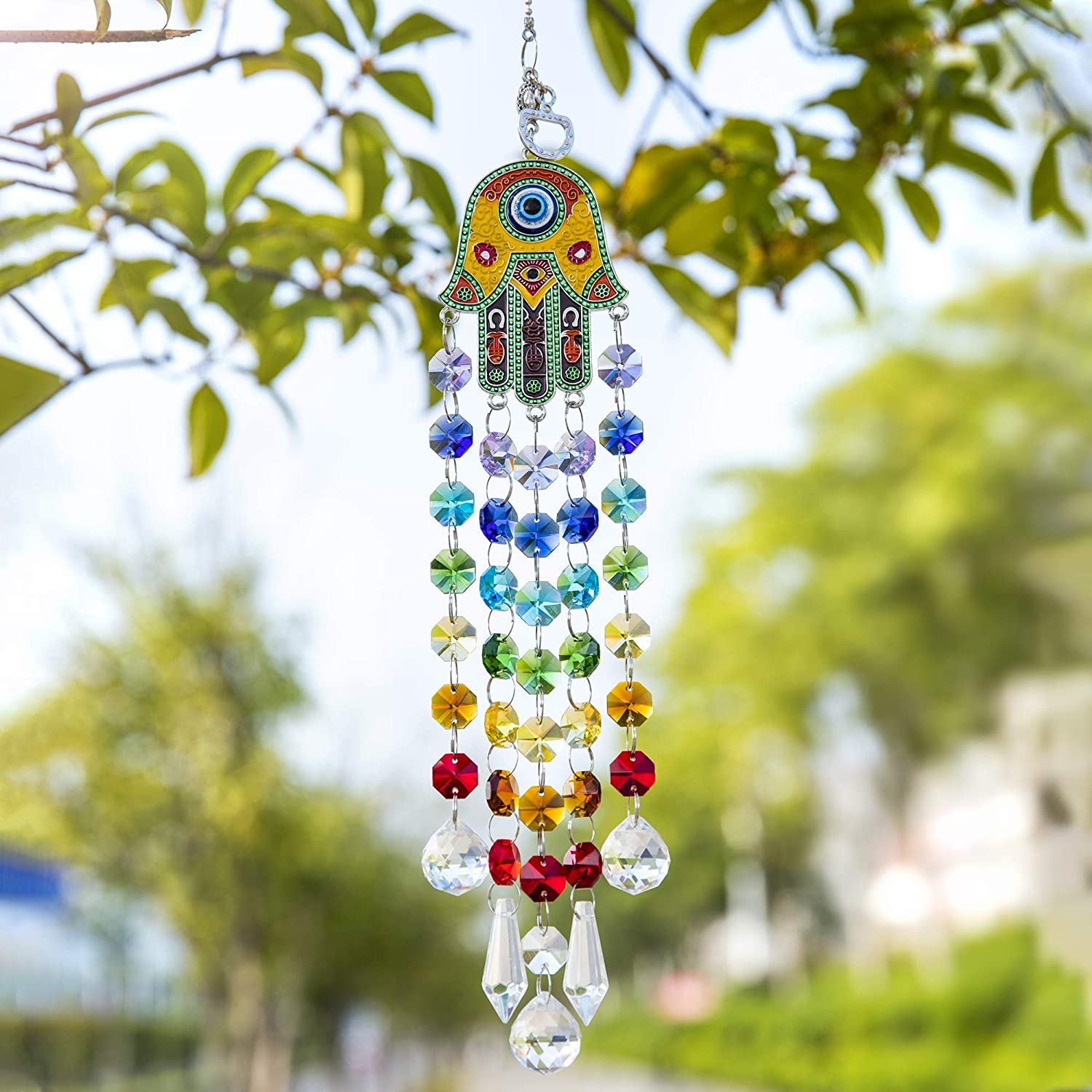 Hamsa Hand Hanging Crystal Suncatcher Ornament with Chakra Energy Beads and Clear Crystal Ball Prisms Rainbow Maker Pendant