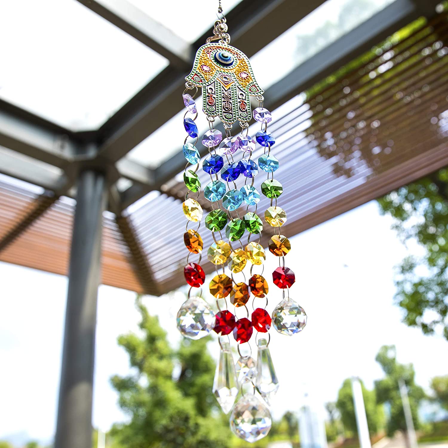 Hamsa Hand Hanging Crystal Suncatcher Ornament with Chakra Energy Beads and Clear Crystal Ball Prisms Rainbow Maker Pendant