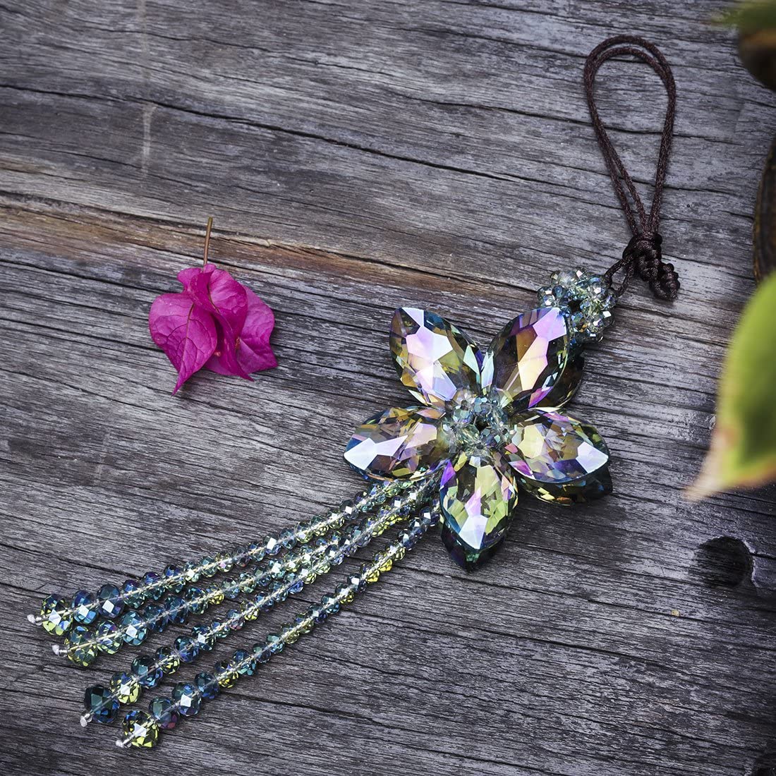 Crystal Color Flower Interior Accessories Car Charms Pendants for Auto Rear View Mirror Hanging Decoration with Tassel