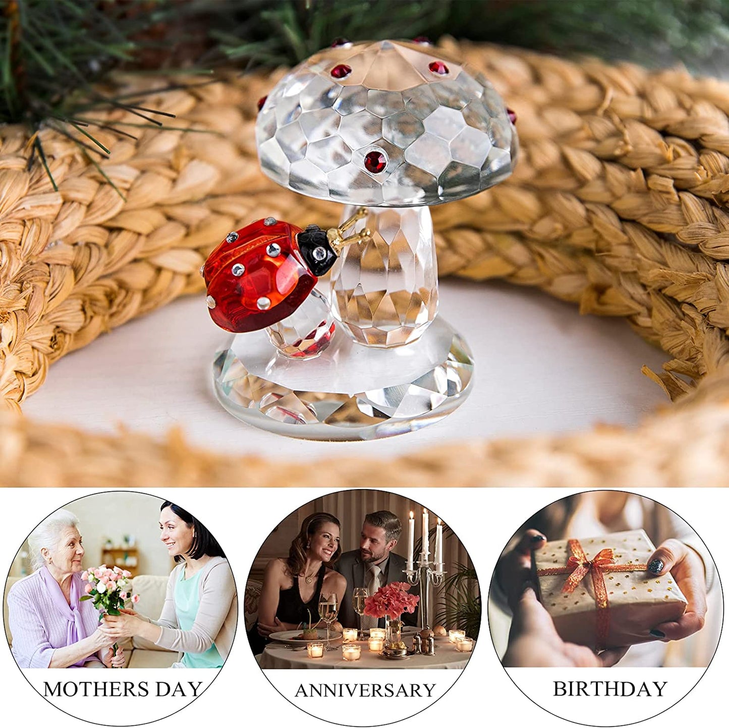 H&D HYALINE & DORA Crystal Ladybug Figurine on Mushroom Figurine Home Table Decor Collectible