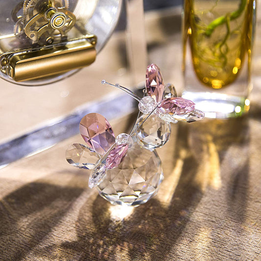 H&D HYALINE & DORA Pink Double Crystal Butterfly Collectible Gift, Handmade Art Glass Animal Figurine