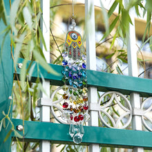 Load image into Gallery viewer, Hamsa Hand Hanging Crystal Suncatcher Ornament with Chakra Energy Beads and Clear Crystal Ball Prisms Rainbow Maker Pendant
