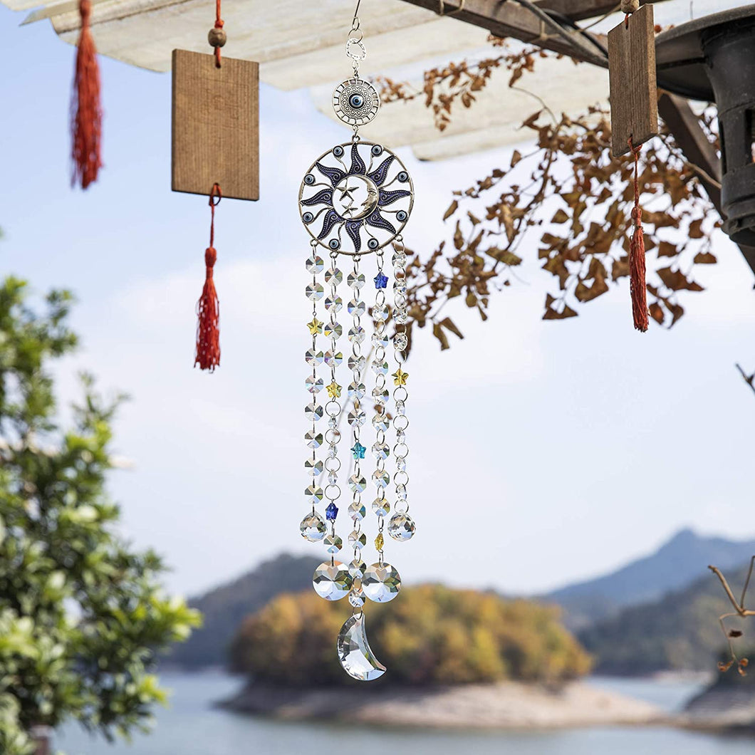 Crystal Chandelier Wind Chime,Glass Rainbow Suncatcher,Blue Evil Eye Wall Hanging Ornament