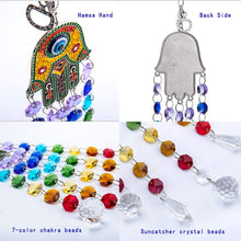 Load image into Gallery viewer, Hamsa Hand Hanging Crystal Suncatcher Ornament with Chakra Energy Beads and Clear Crystal Ball Prisms Rainbow Maker Pendant
