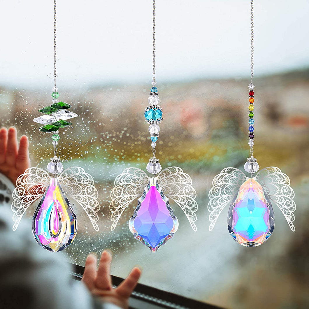 Metal Angel Wing Pendant with Rainbow Crystal Prisms Suncatcher Window Home Christmas Hanging Decor,Set 3pcs