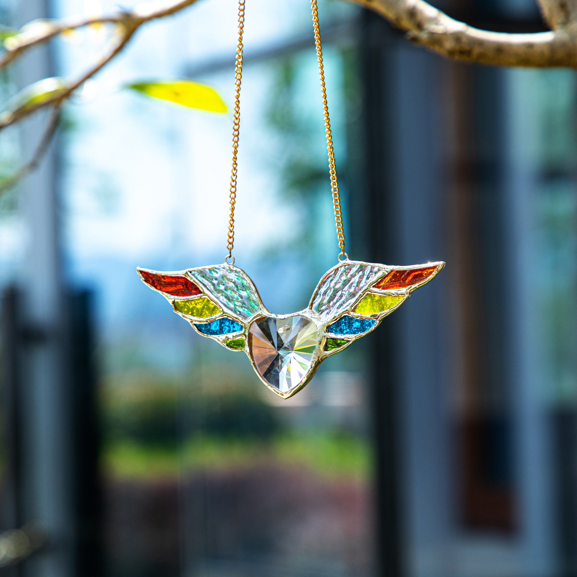 Stained Glass Colorful Angel Wings with Crystal Heart Shaped Prism Suncatcher for Window Hanging or Wall Decor, Unique Gift
