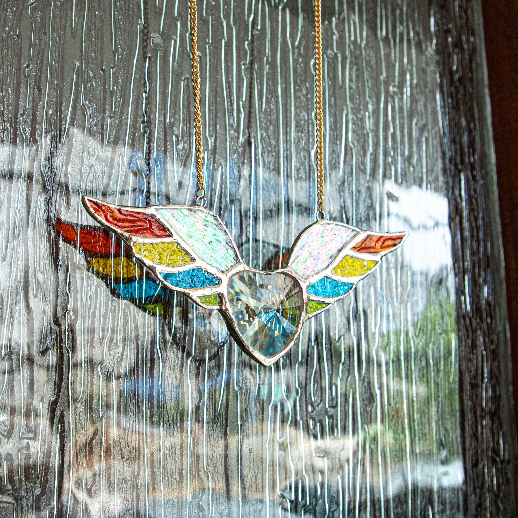 Stained Glass Colorful Angel Wings with Crystal Heart Shaped Prism Suncatcher for Window Hanging or Wall Decor, Unique Gift
