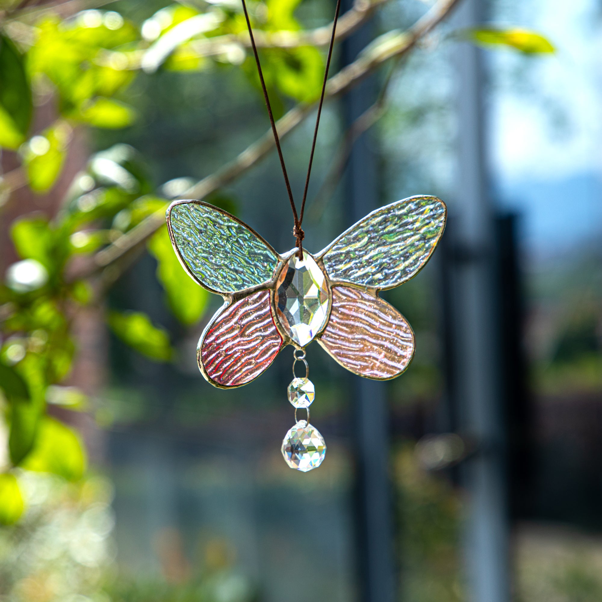 Stained Glass Angel Wings with Crystal Heart Prism Suncatcher and Stained Glass Butterfly for Window Hanging or Wall Decor, Unique Gift