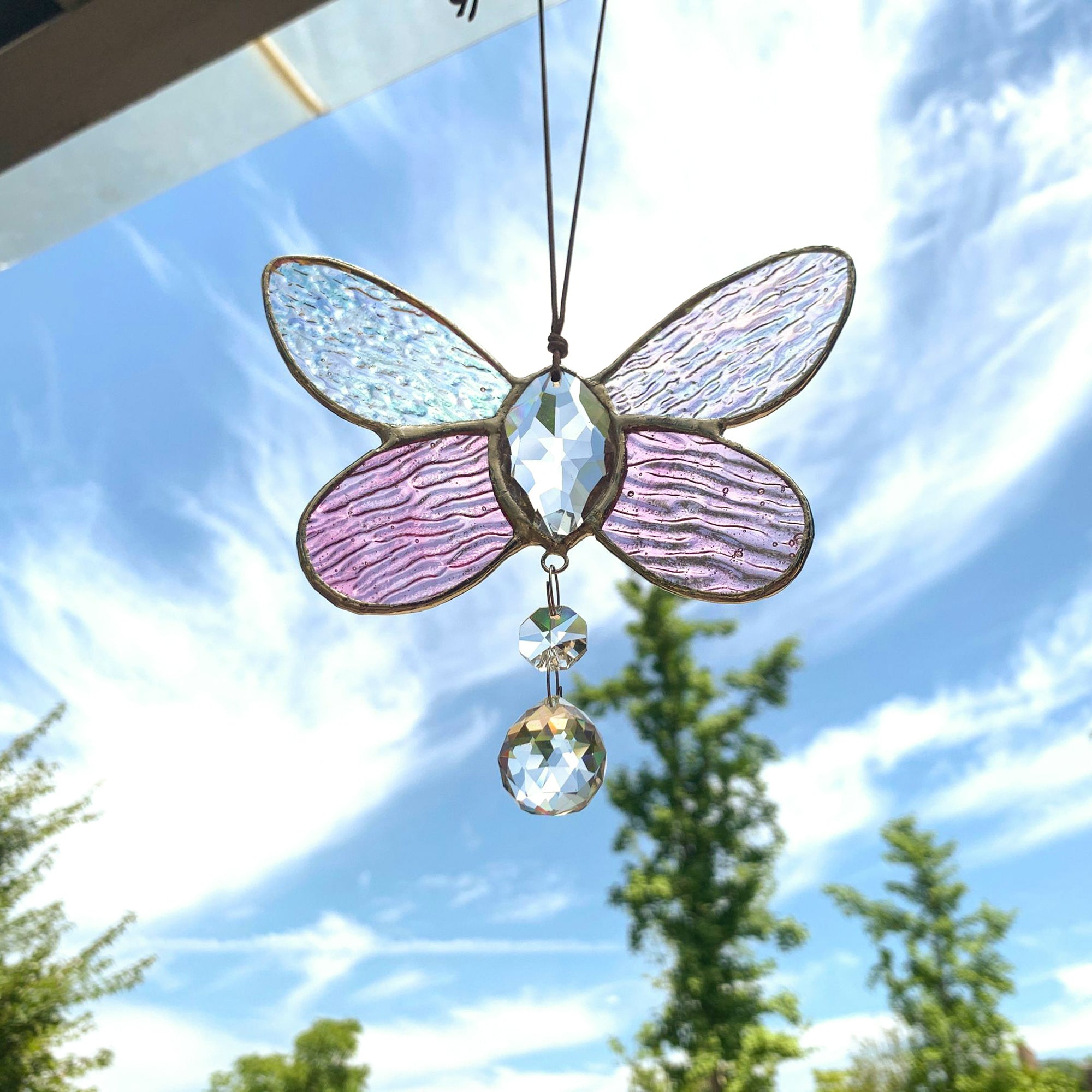 Stained Glass Angel Wings with Crystal Heart Prism Suncatcher and Stained Glass Butterfly for Window Hanging or Wall Decor, Unique Gift