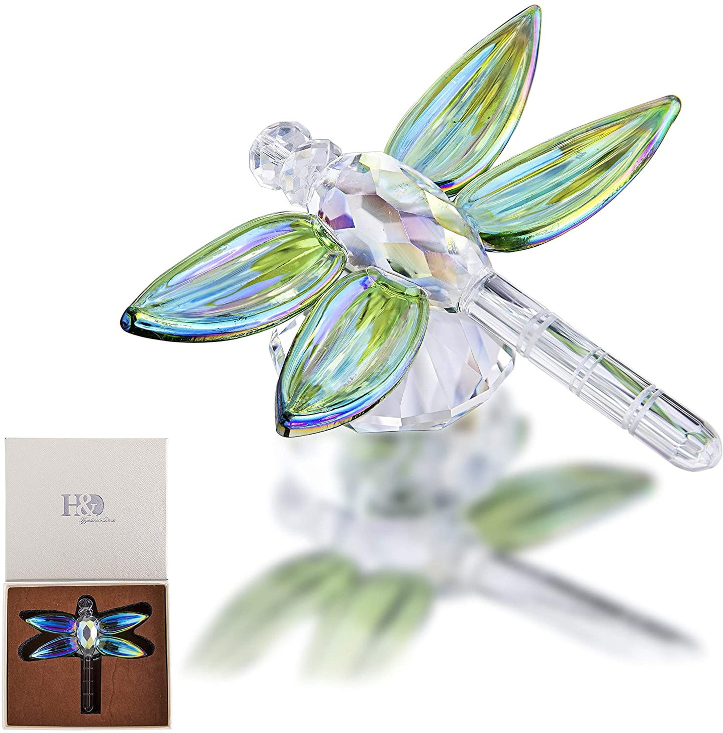 H&D HYALINE & DORA Crystal Dragonfly Figurine Crystal Animal Sculpture Collectible Gift,Green