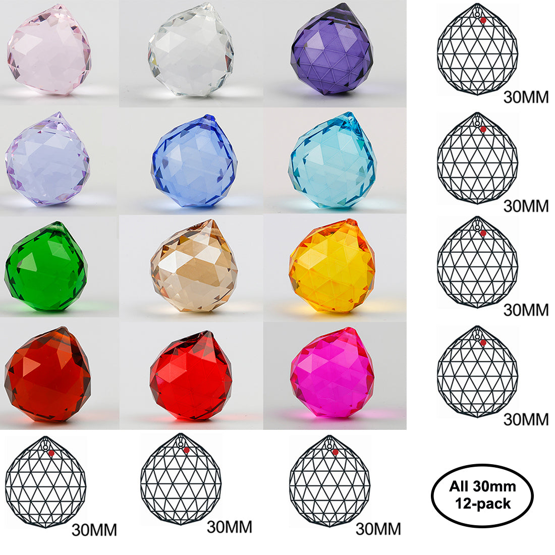 H&D Crystal suncatcher 30mm Vintage Feng Shui Faceted Decorating Crystal Ball Prism Pendant Suncatcher Multi-Color Hanging Pendant Suncatcher 12pcs